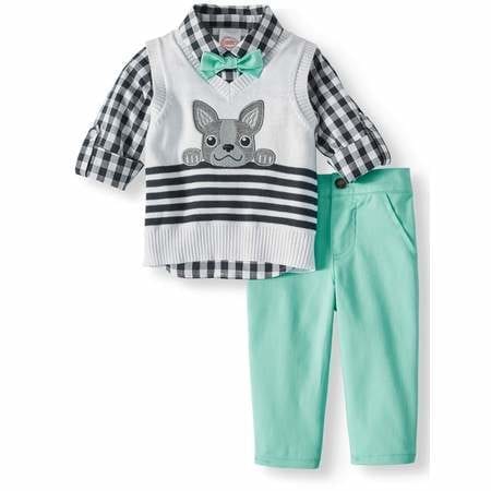 Baby Boys’ Sweater Vest, Rolled Up Sleeve Woven Shirt With Bow Tie and Pants, 3-Piece Outfit Set