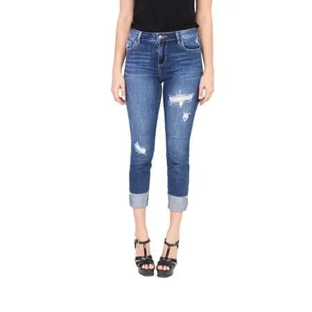 Mid Rise Distressed Cuff Crop Skinny Jeans