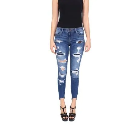 Middle Rise Distressed Patched Cropped Skinny Jeans