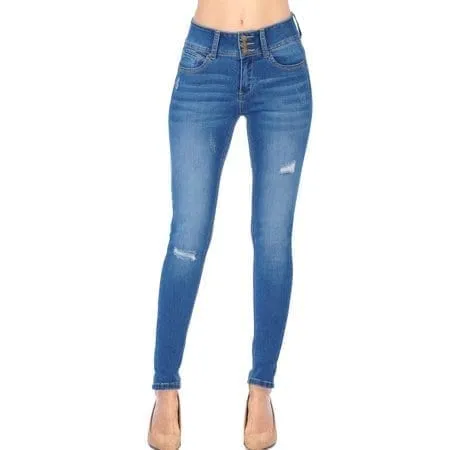 Triple Button Cotton Denim Skinny Jeans
