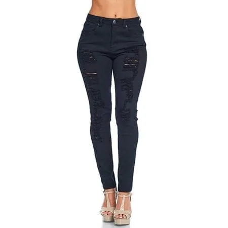 Distressed Stretch High Rise Skinny Jeans BLK