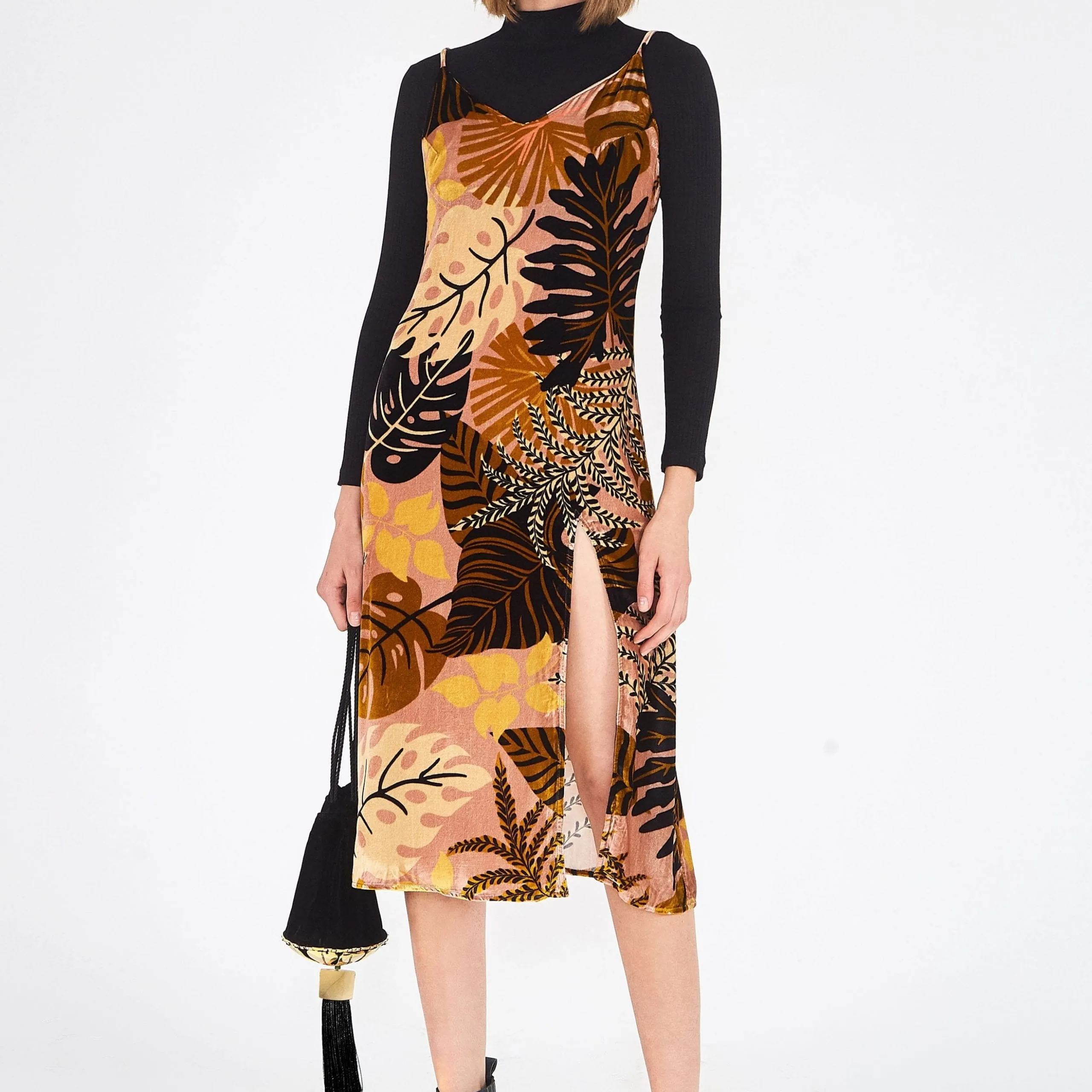 GOLDEN LEAVES VELVET DRESS - Midi Dress