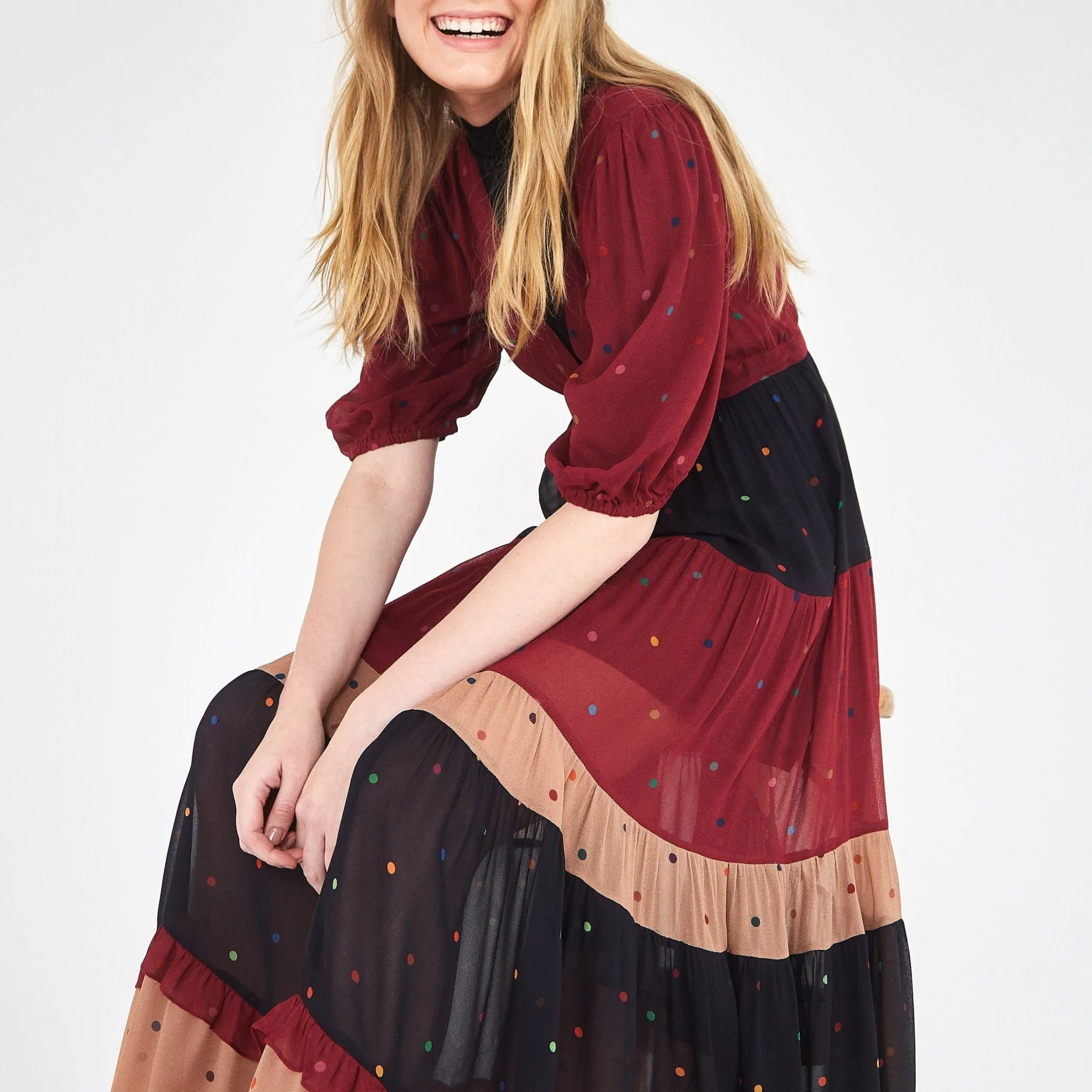 MIXED DOTS MAXI DRESS - V neckline