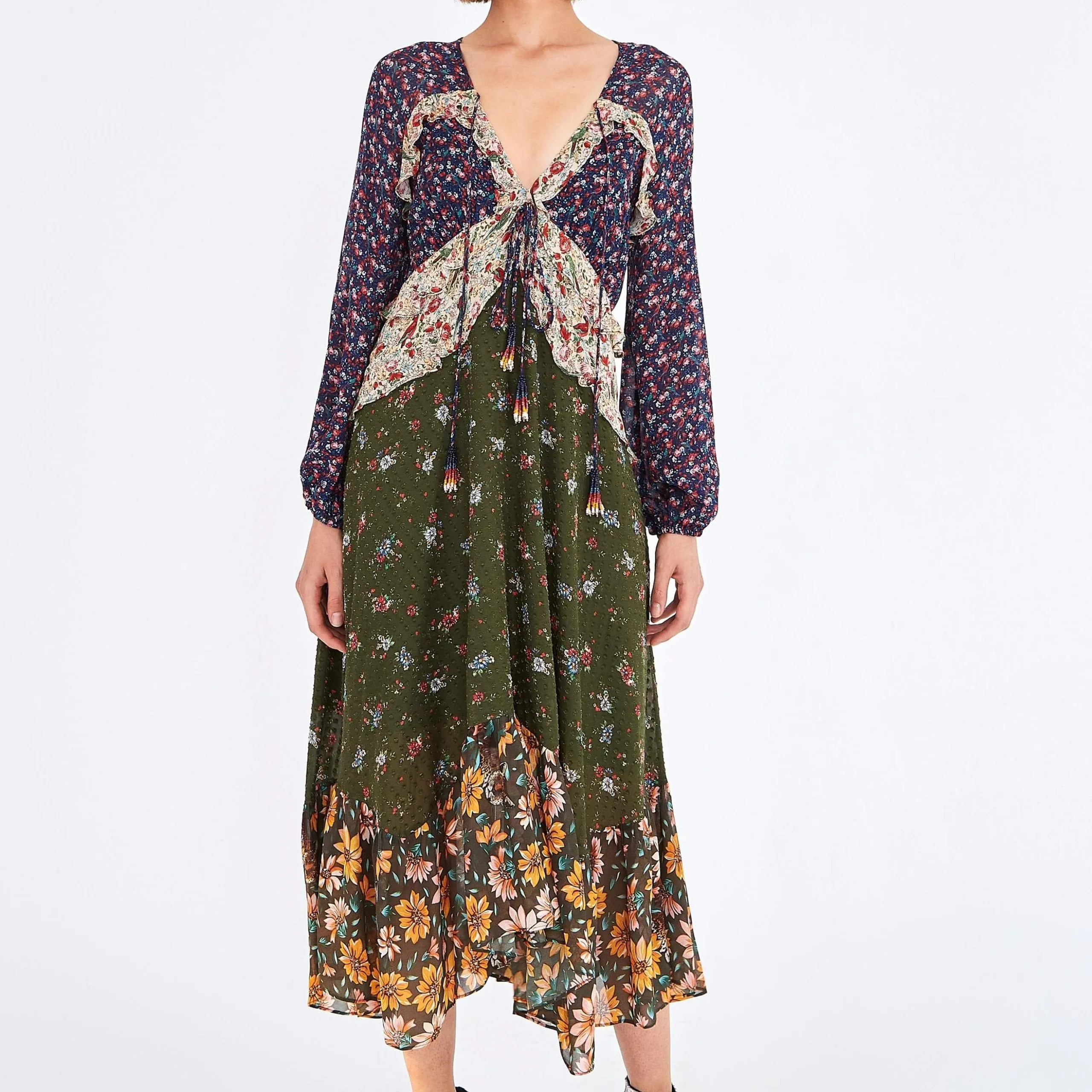 MIXED LIBERTY MIDI DRESS - V neck