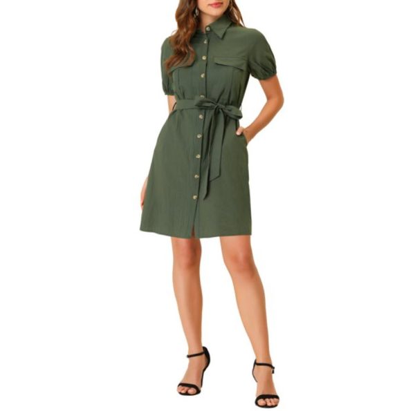 Collared Short Sleeve Safari Pocket Belt Button up Shirt Dress