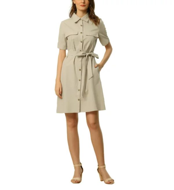 Collared Short Sleeve Safari Pocket Belt Button up Shirt Dress