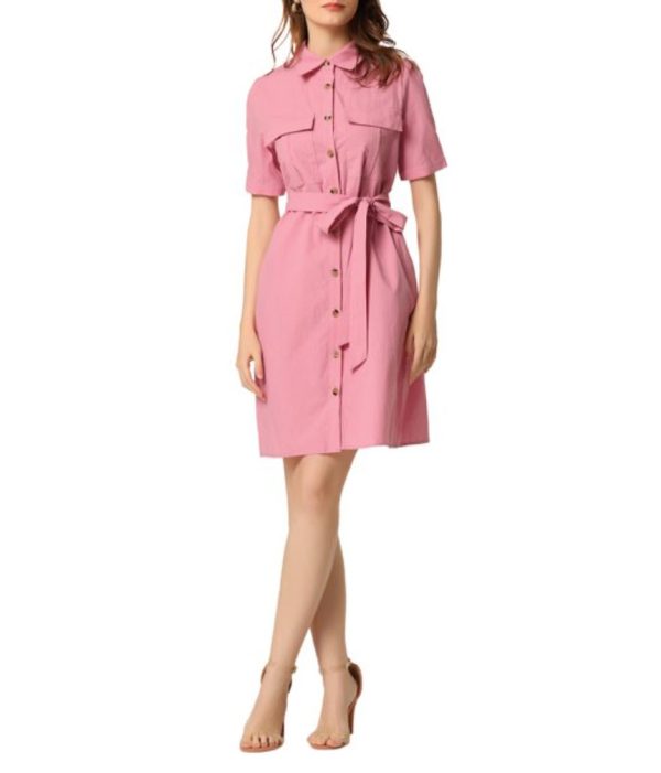Collared Short Sleeve Safari Pocket Belt Button up Shirt Dress