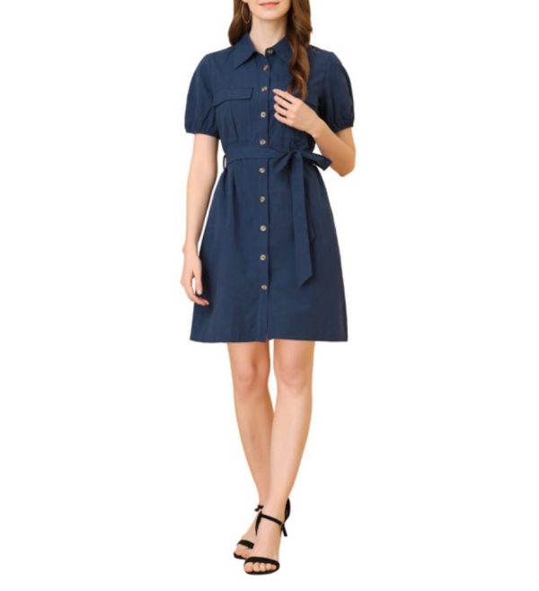 Collared Short Sleeve Safari Pocket Belt Button up Shirt Dress