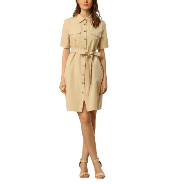 Collared Short Sleeve Safari Pocket Belt Button up Shirt Dress
