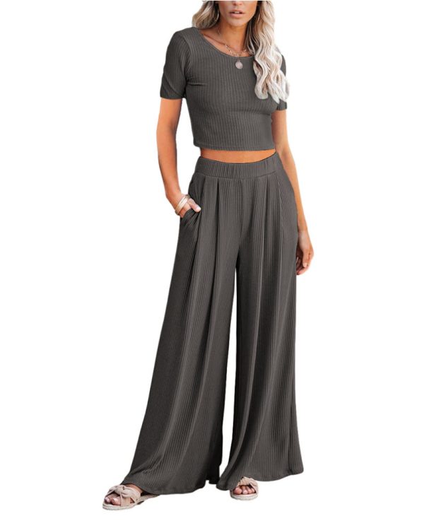 Casual Crop Top Short-sleeved Wide-leg Pants Suit