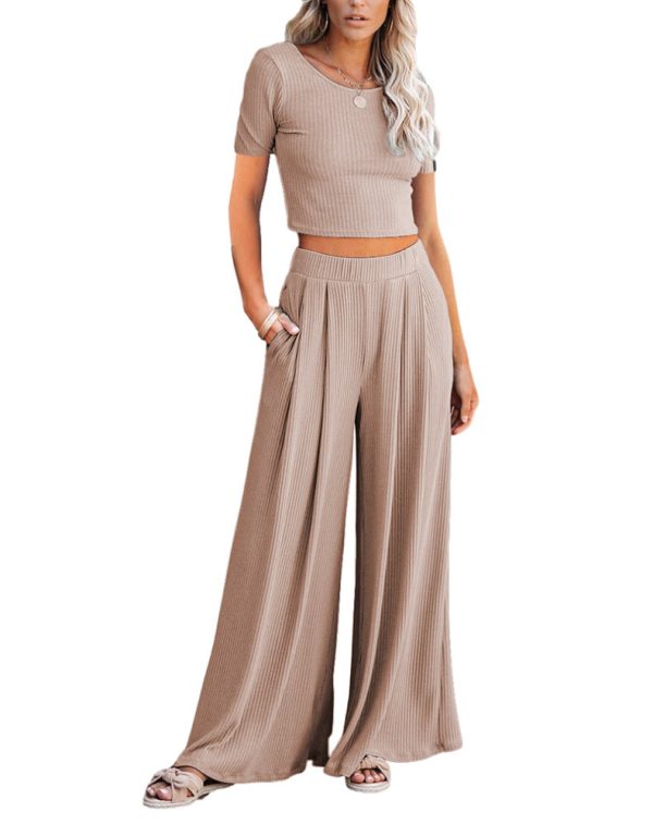 Casual Crop Top Short-sleeved Wide-leg Pants Suit