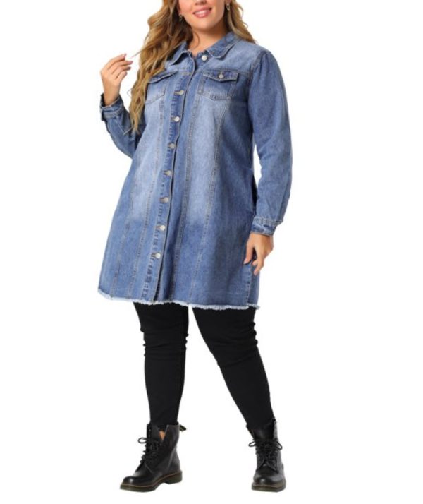Agnes Orinda Women's Plus Size Ripped Long Sleeve Mid Length Denim Jacket
