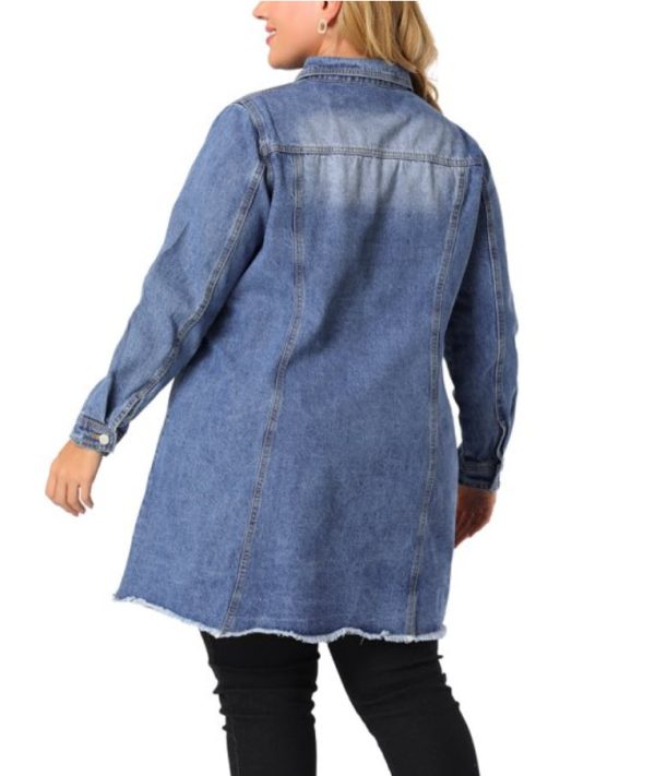 Agnes Orinda Women's Plus Size Ripped Long Sleeve Mid Length Denim Jacket