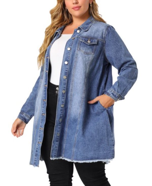 Agnes Orinda Women's Plus Size Ripped Long Sleeve Mid Length Denim Jacket