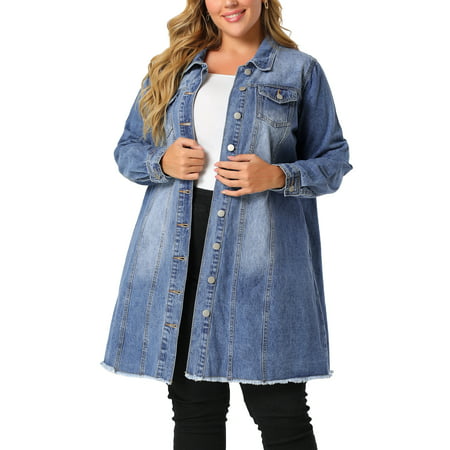 Agnes Orinda Women's Plus Size Ripped Long Sleeve Mid Length Denim Jacket