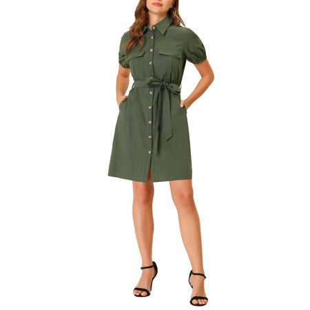 Collared Short Sleeve Safari Pocket Belt Button up Shirt Dress