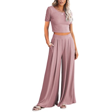Casual Crop Top Short-sleeved Wide-leg Pants Suit