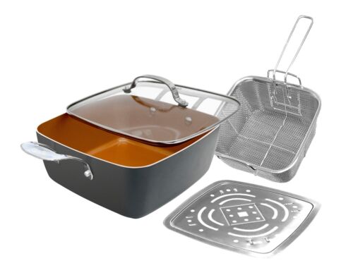 Gotham Steel XL 11" Copper Deep Square All in One 6 Qt Chef Pan- 4 Piece Set NEW