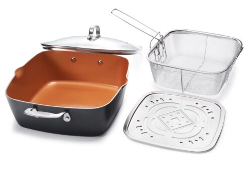 Gotham Steel XL 11" Copper Deep Square All in One 6 Qt Chef Pan- 4 Piece Set NEW