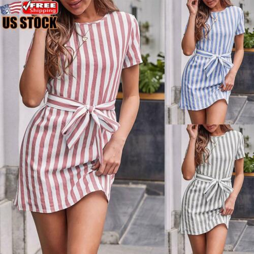 US Women's Striped Mini Bodycon Dress Ladies Summer Short Sleeve Shirt Dresses