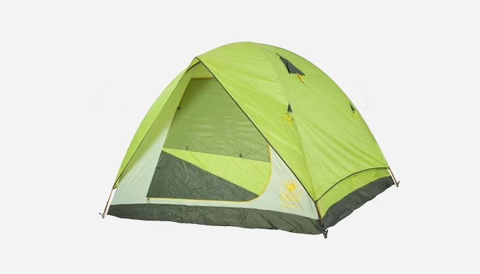 Green dome camping tent partially open showing inner vestibule