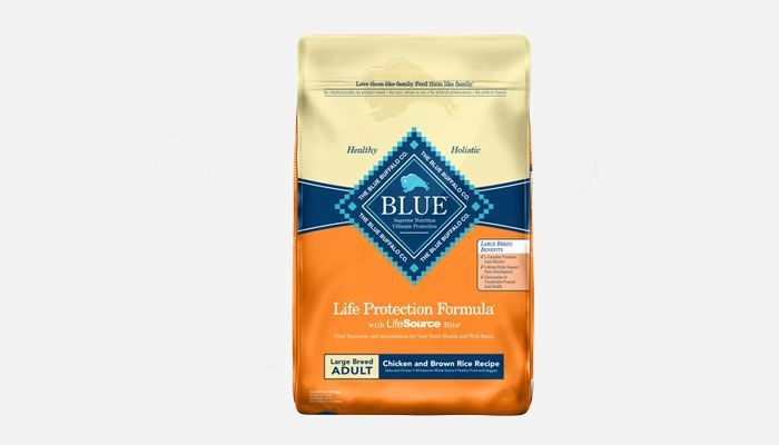 Bag of BLUE Life Protection Formula dog food for large-breed adults, chicken and brown rice flavor/logos visible on front.
