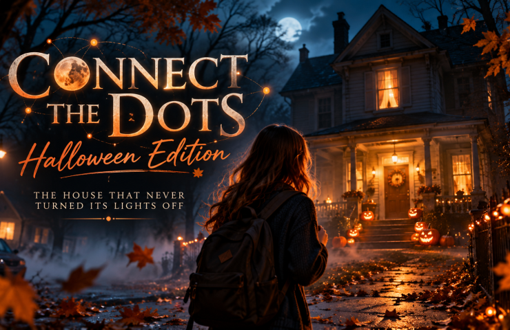 Teenage girl with a backpack standing outside a glowing Victorian house on Halloween night in The House That Never Turned Its Lights Off.