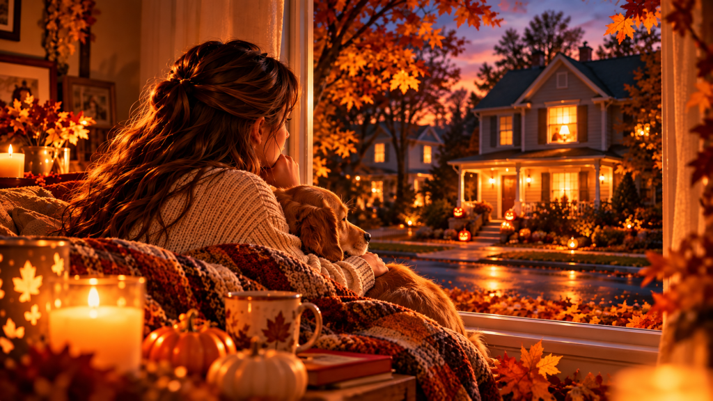 A young woman cuddles her dog beside a candlelit window, looking toward a warmly illuminated house on a peaceful Halloween evening.