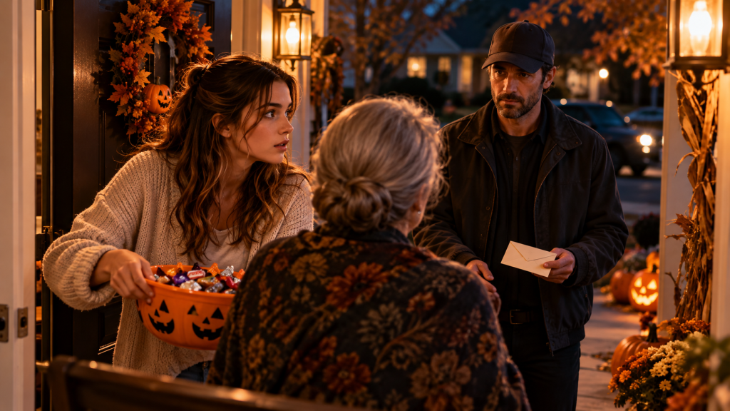 Thomas Bennett holds an old envelope as he returns to Margaret Whitmore's Halloween-decorated porch, with Emily Carter nearby.