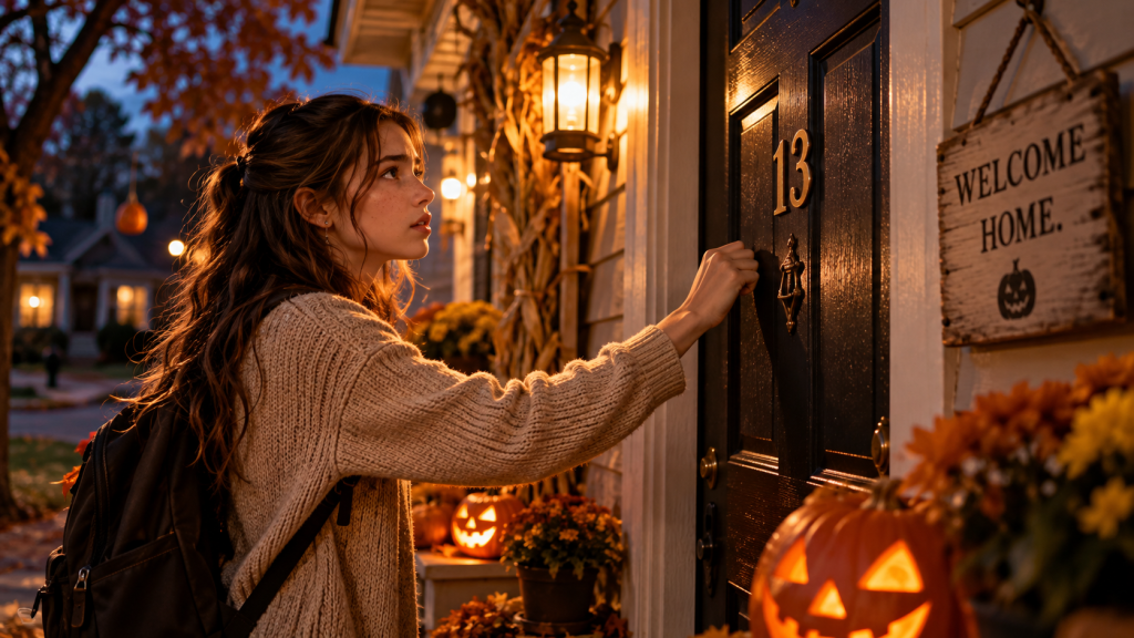 Emily Carter knocks on the front door of Number 13, surrounded by glowing Halloween pumpkins and warm porch lights.
