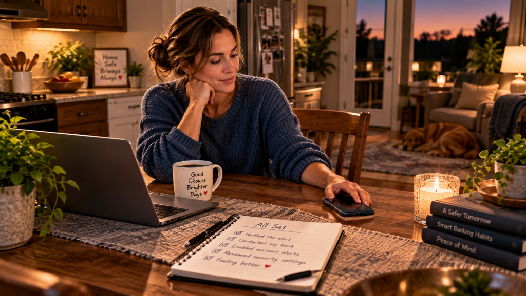 Sarah relaxing at her kitchen table after verifying a suspicious banking alert, with her smartphone set aside and a completed security checklist nearby.