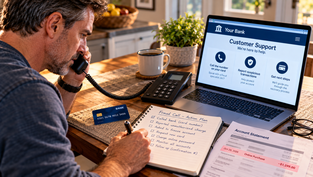 Man calling his bank's fraud department using the number on his bank card while documenting an unauthorized transaction in a notebook.