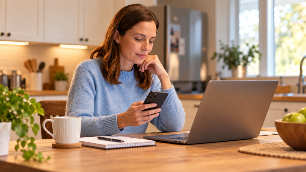 Sarah reviewing her online banking security on a laptop and smartphone while sitting at her kitchen table.