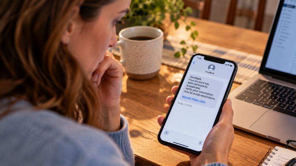 Sarah reading a suspicious bank alert on her smartphone at her kitchen table, with an open laptop nearby.