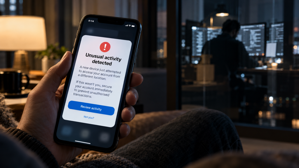 Suspicious banking alert displayed on a smartphone with a shadowy figure at computer screens in the background, illustrating financial scams and deception.