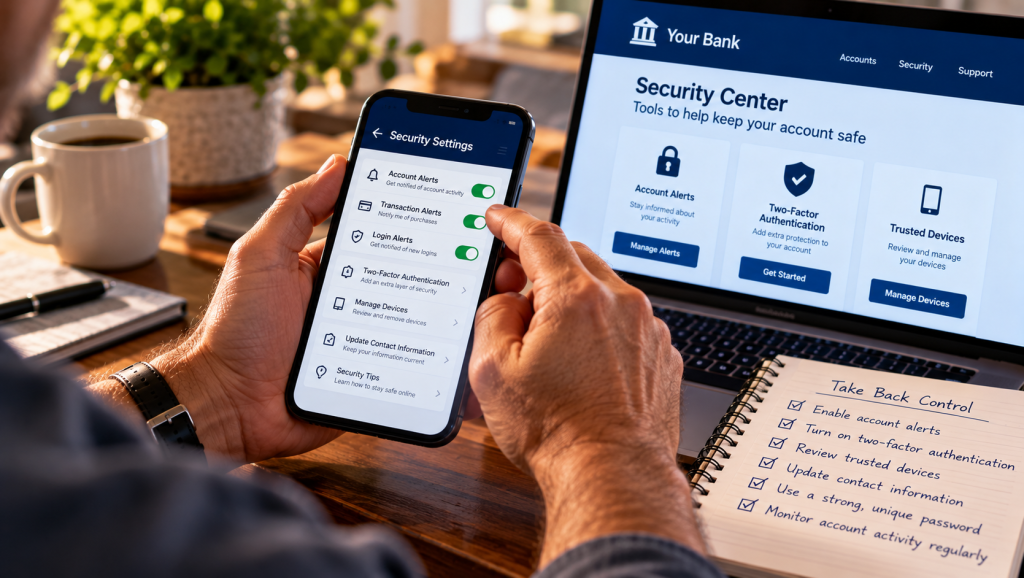 Close-up of a person enabling banking security alerts on a smartphone beside a laptop displaying account security settings and two-factor authentication options.