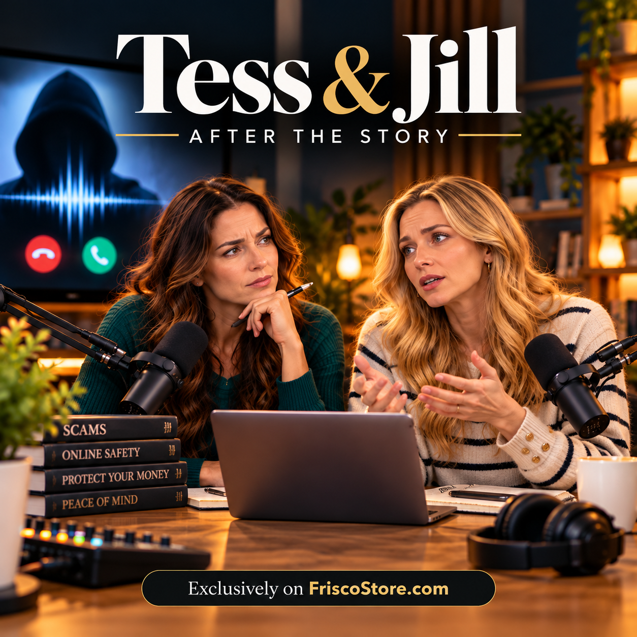 Tess and Jill discussing online banking scams in a podcast studio, with a mysterious caller and audio waveform displayed behind them.