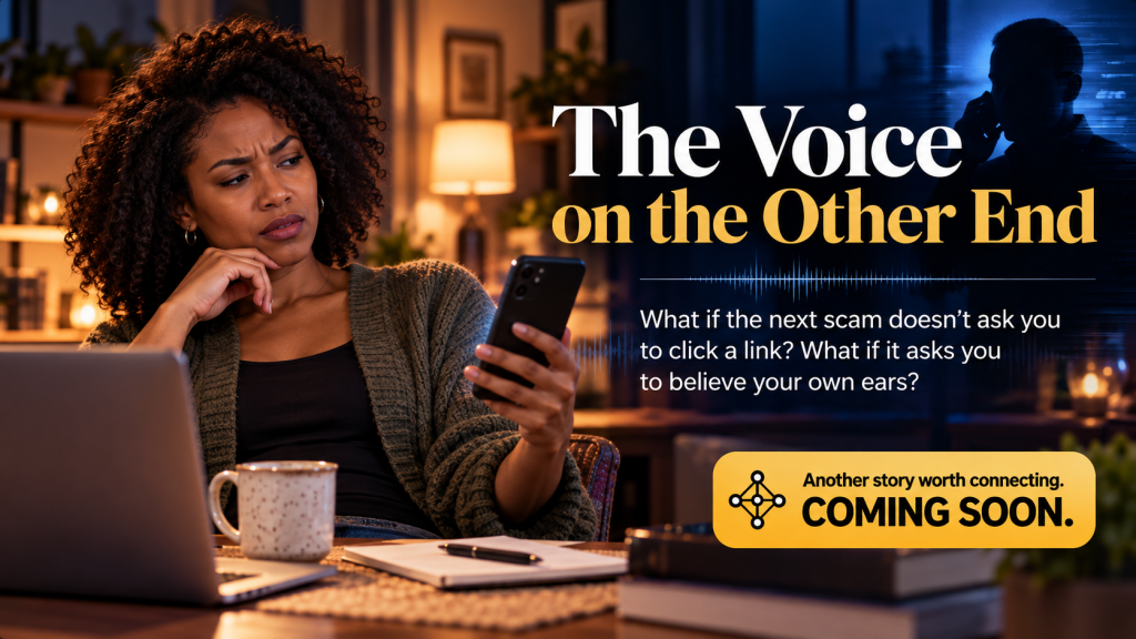 Concerned woman examining a suspicious phone call in a cinematic teaser for The Voice on the Other End, an AI voice scam story.