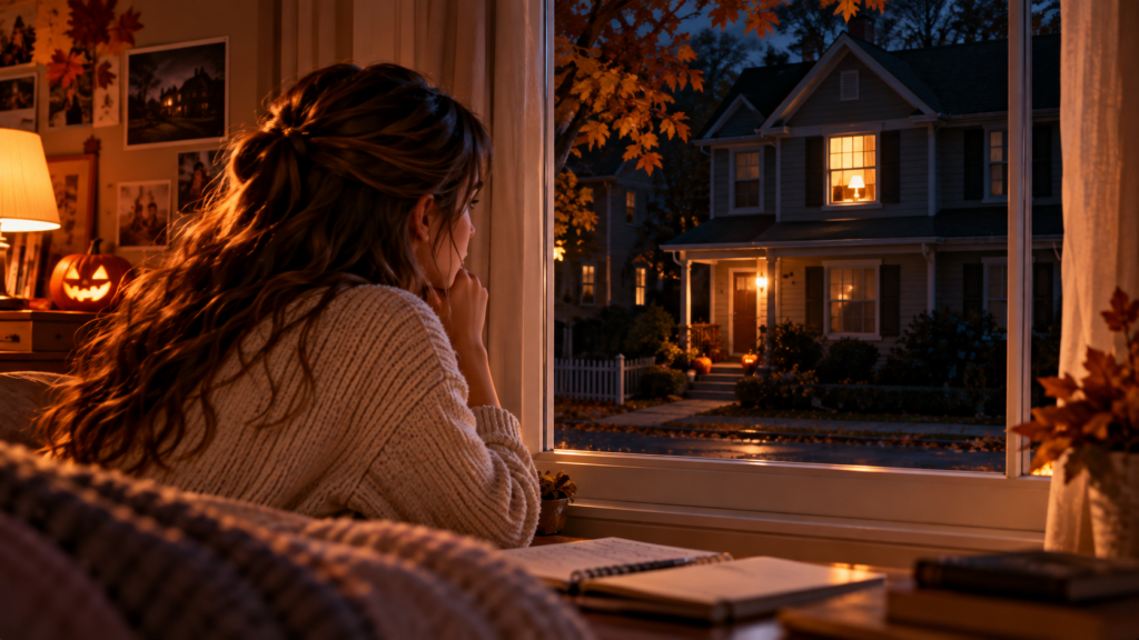 Emily Carter watches the glowing upstairs bedroom window of Number 13 across Willow Street on a quiet autumn evening.