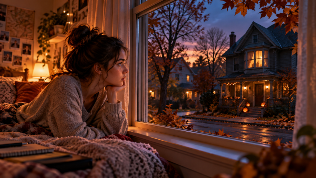 Emily Carter watches a mysterious Victorian house with glowing lights across Willow Street on Halloween evening.