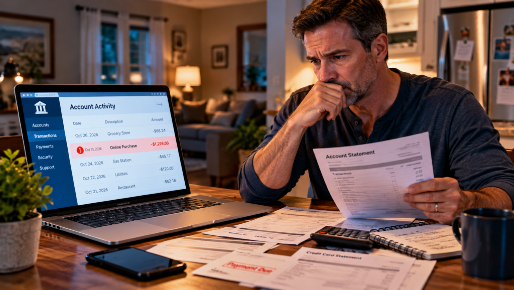 Concerned man at his kitchen table reviewing an unfamiliar $1,299 banking transaction on his laptop while holding an account statement.