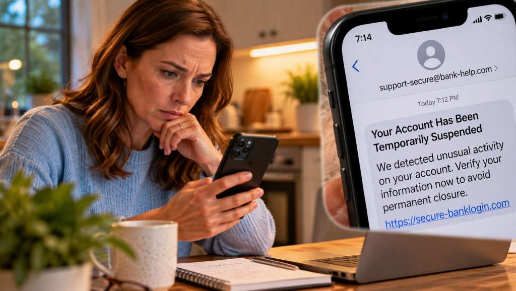 Sarah examining a suspicious bank text message with an unfamiliar sender address, urgent account warning, and questionable verification link.
