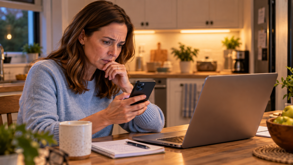 Sarah examining a suspicious banking text message on her smartphone while sitting at her kitchen table beside an open laptop.