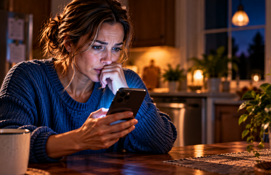 Sarah in a blue sweater looking concerned at a suspicious banking message on her smartphone while sitting in her kitchen at night.